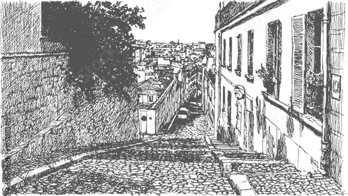 Illustration of a street view featuring a cobblestone path through buildings. Black and white vector illustration showcasing architectural details.