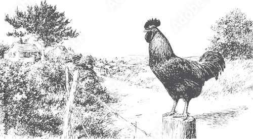 Illustration of a rooster on a post in a rural landscape. The black and white sketch captures a vintage scene, ideal for vector art.