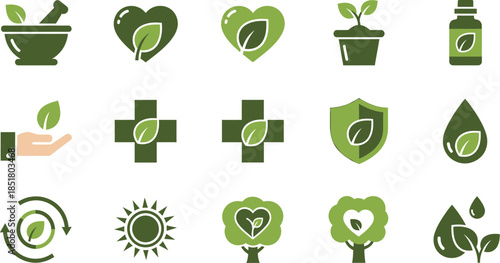 Collection of green nature and medical themed icons representing health and wellness.