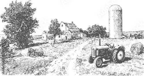 Tractor in a rural farm landscape. Black and white vector illustration featuring a barn, silo, trees, and hay scattered across the field.