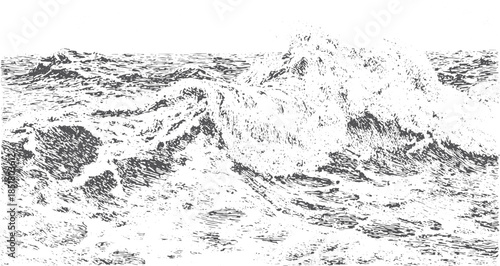 Ocean waves in black and white vector illustration. Detailed line art capturing the dynamic water texture, suitable for artistic design.