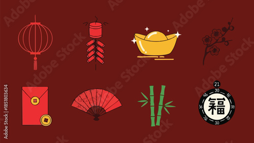 Flat lay of various traditional Chinese New Year decorations and symbols on a maroon background with gold accents.