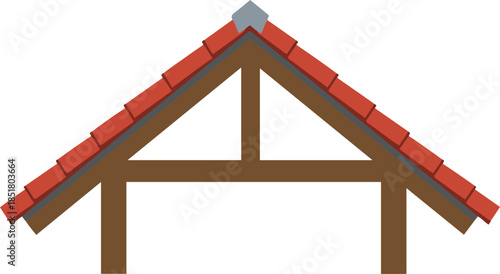 House roof structure vector illustration. Wooden timber truss with red tiles and king post design 