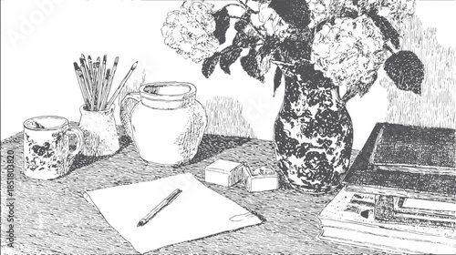 Still life vector illustration featuring a flower vase, pencil, and cups on a wooden table. This artistic set emphasizes classic sketch details and composition.