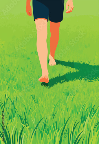 Bare feet walk through lush green grass on a sunny day