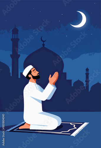 Man praying at night under crescent moon with mosque silhouette