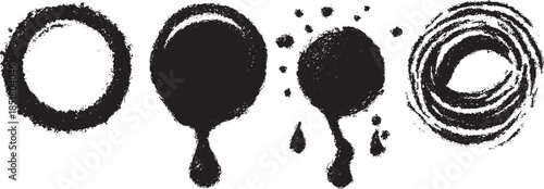 Brush strokes in black and white create abstract circular patterns in a textured vector illustration set.