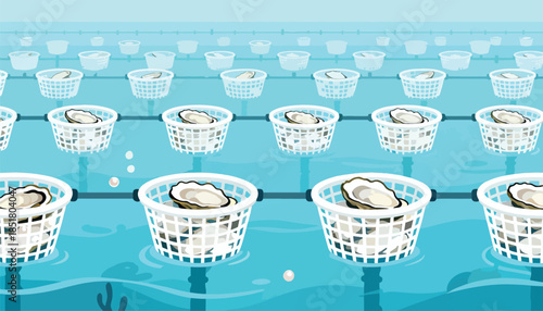 Numerous baskets filled with oysters suspended in calm blue water at a farm