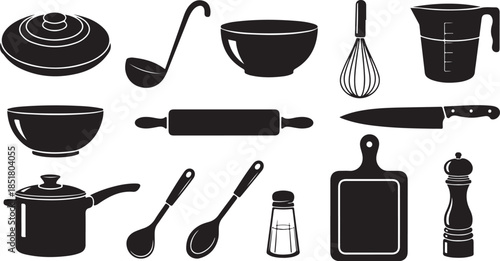 Collection of black and white kitchen tools icons