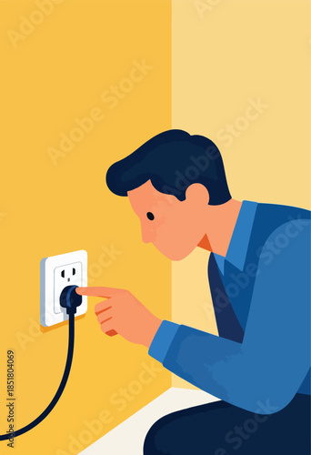 Man's hand plugging black cord into white wall outlet