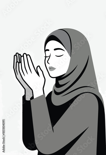 Woman in hijab praying with hands raised, eyes closed, serene expression