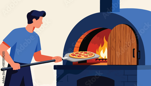 Man prepares pizza in a glowing blue oven with flames