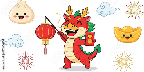 Illustration of a cheerful red dragon holding a lantern surrounded by festive Chinese New Year decorations and fireworks on a white background with a joyful mood.