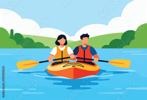 A couple kayaks on a bright day with green hills and clouds
