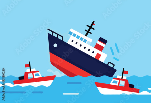 A large ship tilts precariously as two smaller boats approach