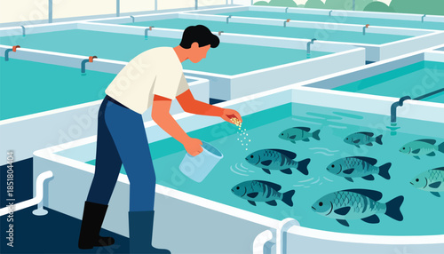 Person feeding fish in aquaculture tanks