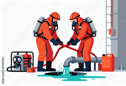 Two workers in protective suits connect hoses near leaking pipes