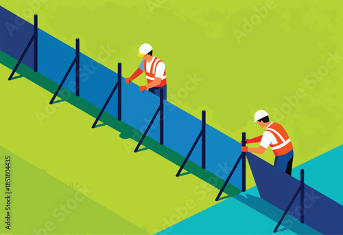 Two workers installing a blue barrier on a green grassy slope
