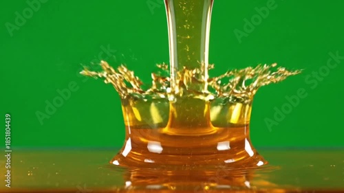 Honey dripping and then splashing in slow motion ultra thick liquid glossy texture sticky high viscosity movement green screen background,