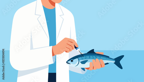 Scientist examining fish under bright lights, holding a dropper over its back