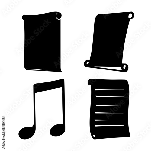Classic music note and parchment scroll document icons set