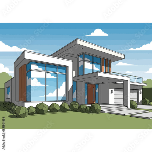 Modern luxury residential architecture features a new summer villa design with a blue sky facade and balcony situated between a house on a hill and a house on the beach