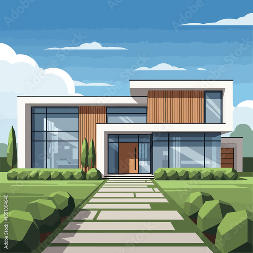 Contemporary luxury villa architecture featuring a new residential home with a modern glass facade overlooking a lush green grass lawn and garden under a clear blue sky