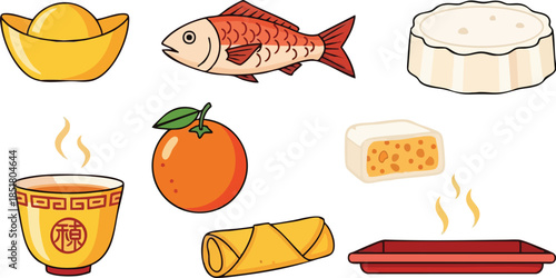 Flat lay of various traditional Chinese New Year foods and symbols on a white background with steaming dishes and decorations.