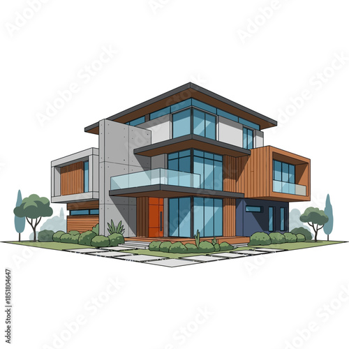 A new residential home with a modern roof and blue sky stands as a real estate property built on a green grass hill featuring an elegant exterior architecture facade