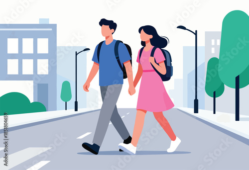 Two people holding hands walk across a city street with backpacks