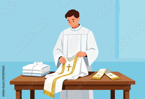 Cleric folds ceremonial garment on table with folded shirts and stole