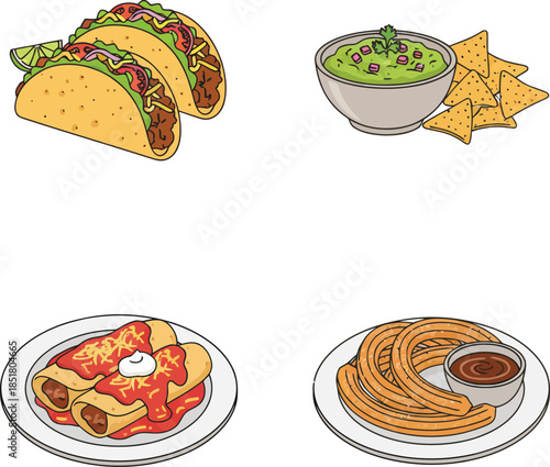 A vibrant collection of popular Mexican dishes including tacos, guacamole with chips, enchiladas, and churros with chocolate sauce.