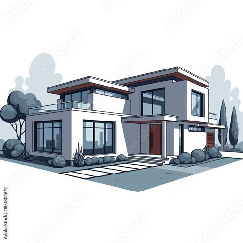 3d render of a luxury modern residential building with a white contemporary architecture facade featuring a blue sky background and elegant glass windows