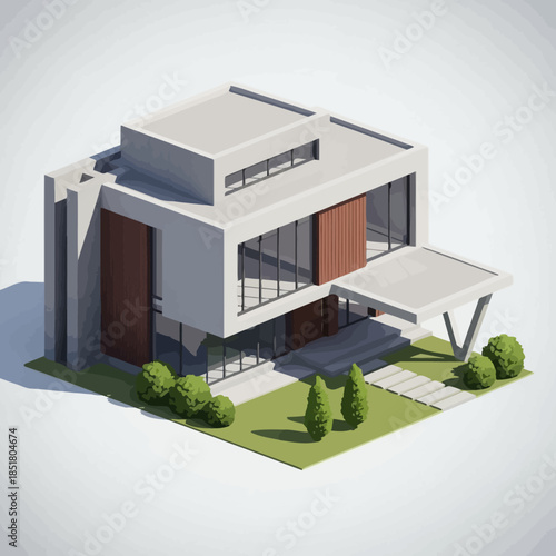Isometric 3d illustration of a modern residential house design featuring a new architectural building structure with a stylish roof and exterior windows for a real estate project