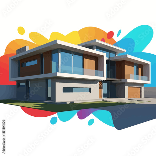Luxury residential architecture illustration of a beach house featuring a modern facade with a roof balcony and elegant windows under a clear sky
