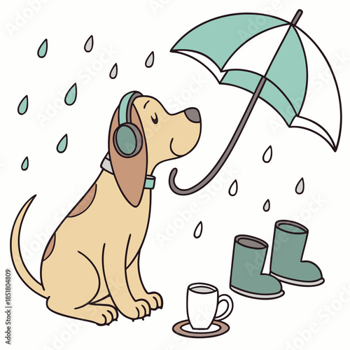 Content Bloodhound with wearing headphones, set in a charming Rainy day theme – Raindrop Calm color vector art