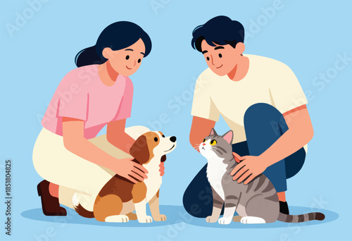 A woman and man lovingly pet a dog and cat in this adorable illustration