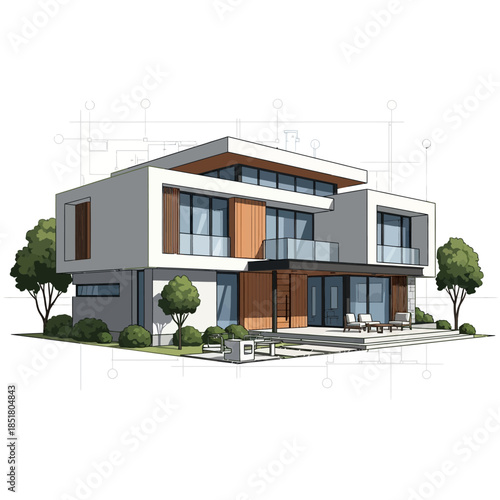 Modern luxury residential apartment building featuring a new city house design with a front balcony and sleek urban architecture facade against a clear sky