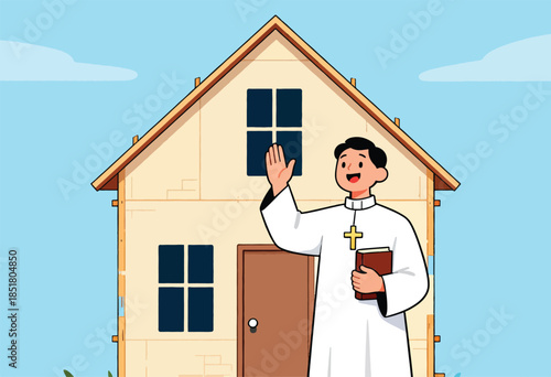 Friendly priest holding a book outside a house