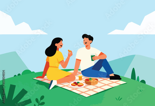 Couple enjoys a picnic lunch amidst rolling hills and a blue sky with clouds