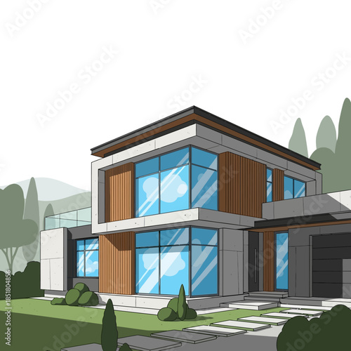 Modern commercial office building architecture featuring a new glass facade and windows situated in a lush green city park with a clear sky