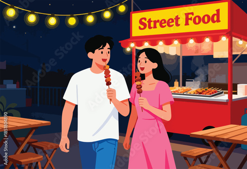 Couple enjoys delicious skewers at a lively nighttime street food market