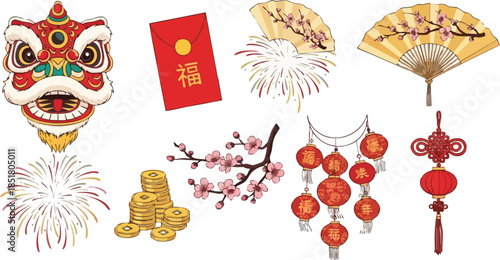 Flat lay of various traditional Chinese New Year decorations and symbols on a white background with red and gold elements.