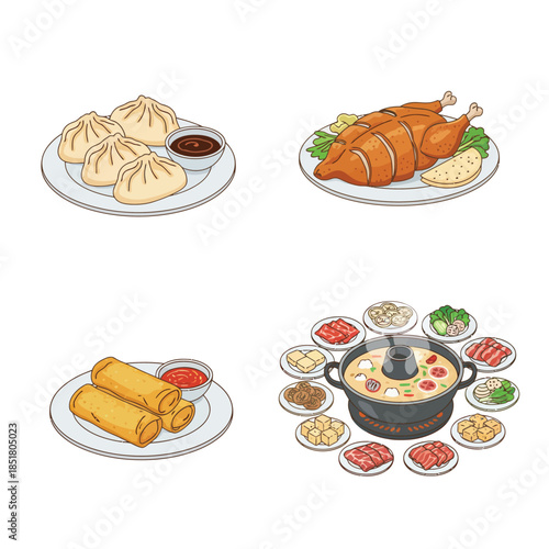 A collection of popular Asian dishes including steamed dumplings, roasted chicken, crispy spring rolls, and a traditional hot pot with various ingredients.