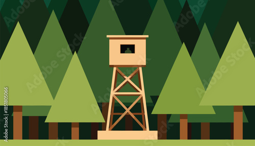 A wooden observation tower stands amidst a minimalist forest of evergreen trees