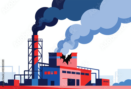 Stylized factory with smokestacks emitting dark and light blue clouds