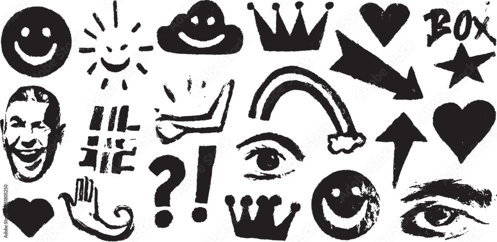 Fototapeta premium Set of hand-drawn doodle icons including smiley faces, hearts, and arrows. Black and white vector illustration with graphic elements.