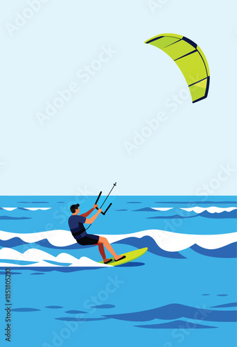 Person kitesurfing on a yellow board with a lime green kite over blue waves