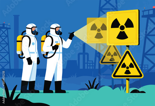 Two figures in hazmat suits examine radiation warning signs