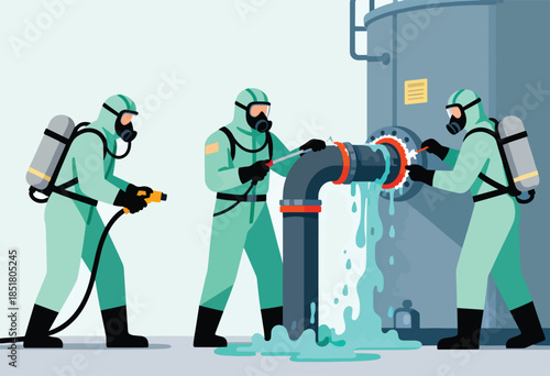 Workers in hazmat suits repair leaking industrial pipe